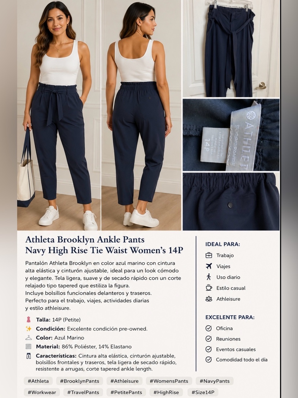 Athleta Brooklyn Ankle Pants Navy High Rise Tie Waist Women’s 14P